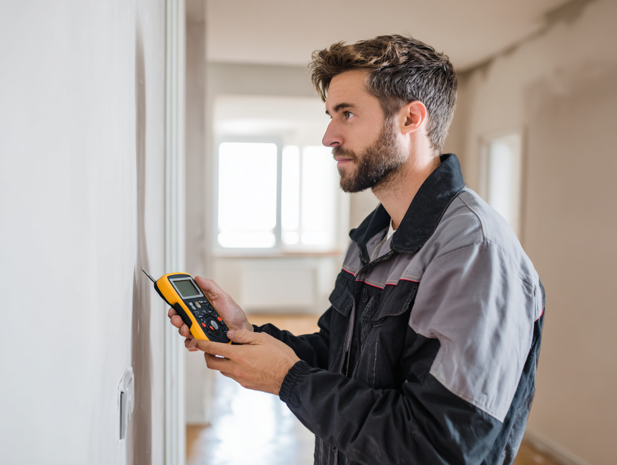 Acoustic specialist measuring sound levels in apartment